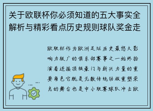 关于欧联杯你必须知道的五大事实全解析与精彩看点历史规则球队奖金走势 关于欧联杯你必须知道的五大事实全解析与精彩看点历史规则球队奖金走势