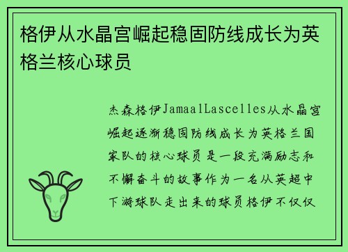 格伊从水晶宫崛起稳固防线成长为英格兰核心球员